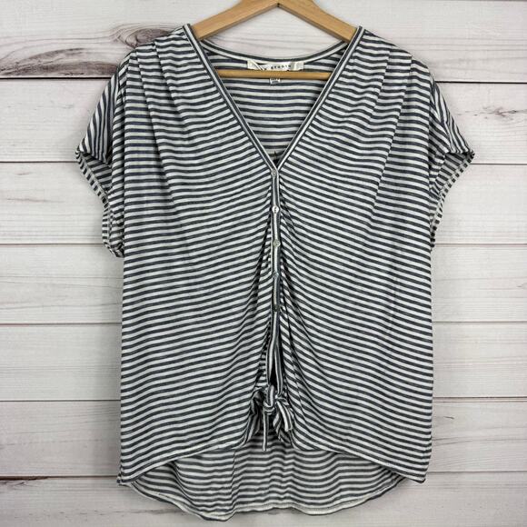 Max Studio Button Down Tie Knot Short‎ Sleeve Blouse Striped Womens L - Picture 2 of 7